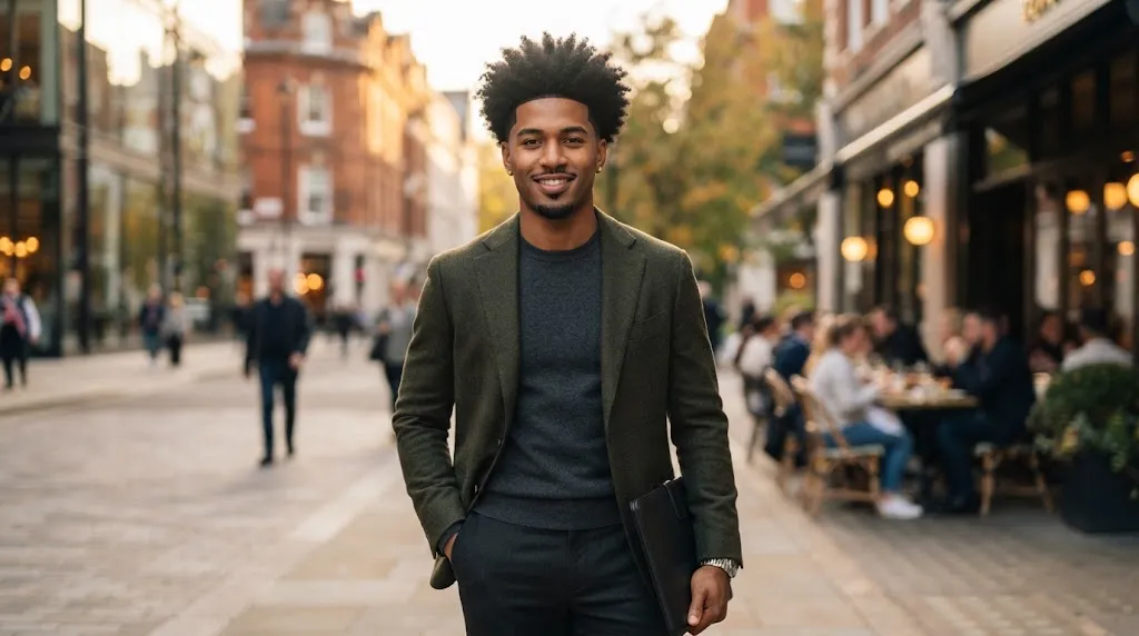 A stylish man with coily afro-textured hair and a low drop taper fade, styled to add width to a long face shape.