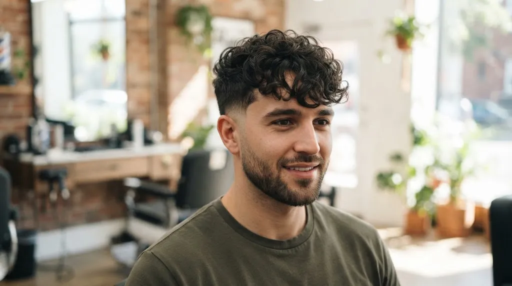 A stylish man with a modern textured curly crop haircut and fade, styled forward to conceal a receding hairline.