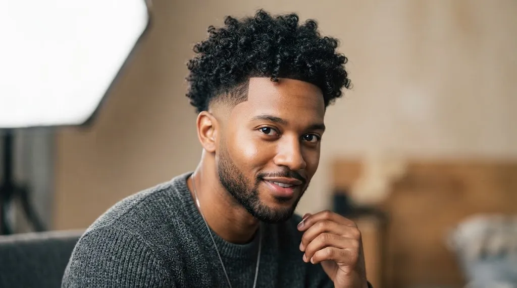 Professional portrait of a man with a stylish curly fade haircut, featuring defined curls and clean faded sides.
