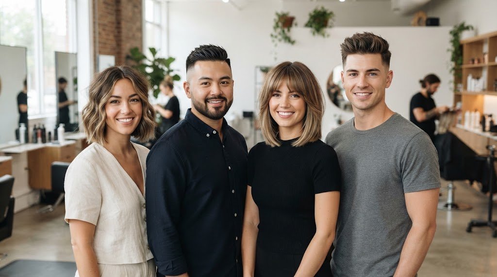 A diverse group of people with different face shapes showcasing precision-cut hairstyles for straight hair in a professional salon.