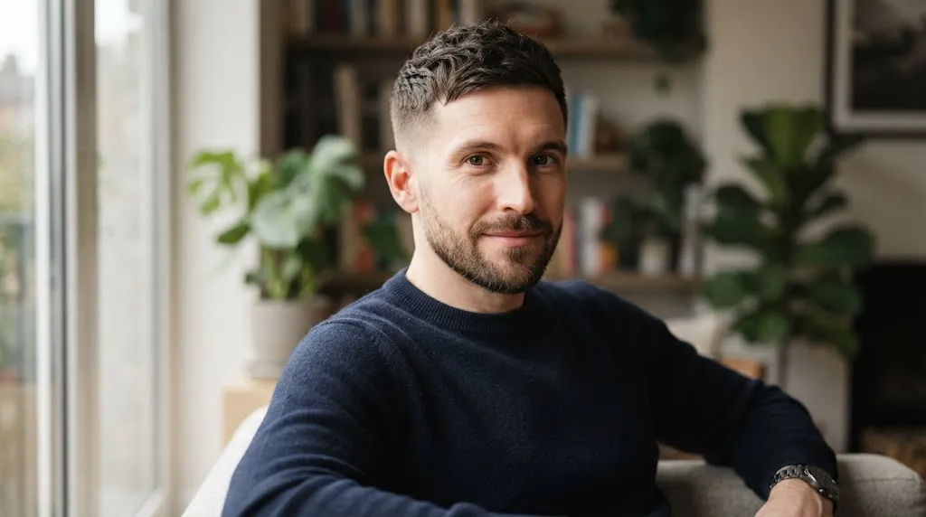 A man with an oblong face shape sporting a short, textured Caesar haircut specifically styled for fine hair to add volume.