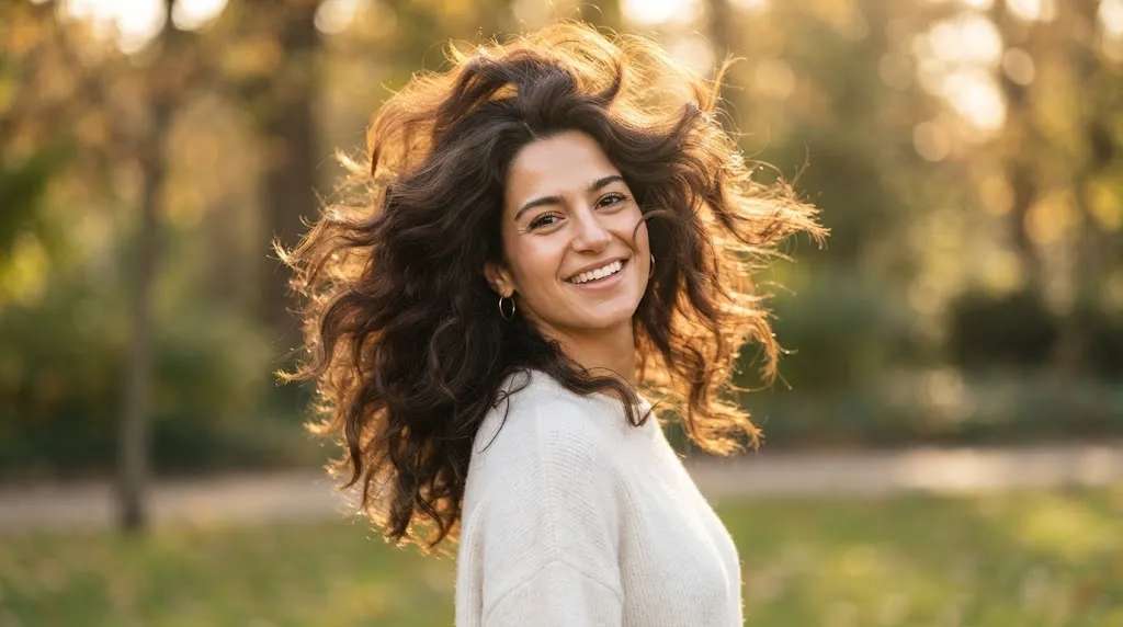 A person with gorgeous, voluminous thick hair styled to complement a square face shape.