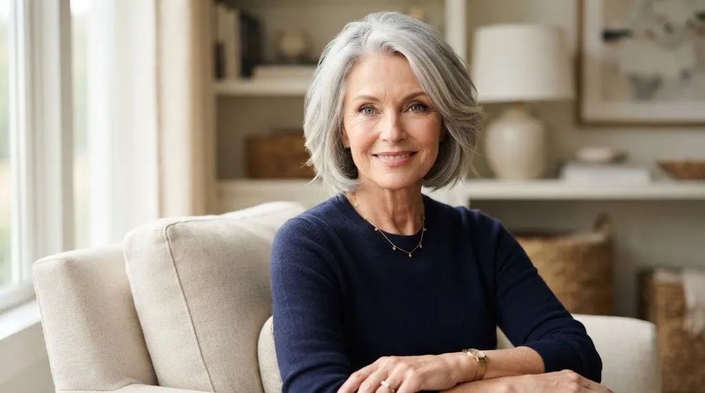 A woman over 60 with a sophisticated and stylish silver-grey textured bob haircut that frames the face elegantly.