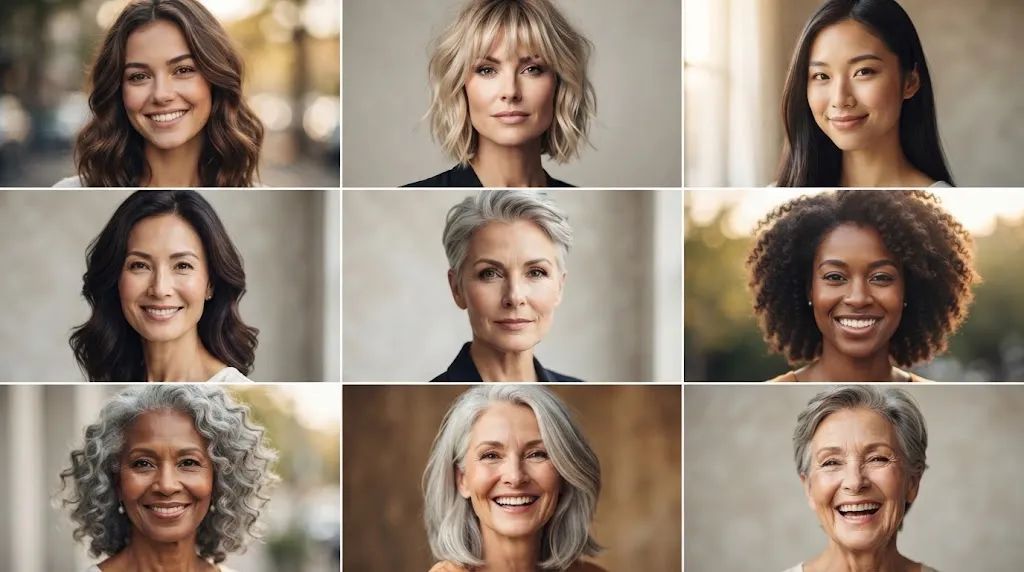 A collage of women of different ages showcasing beautiful, modern, and age-appropriate hairstyles.