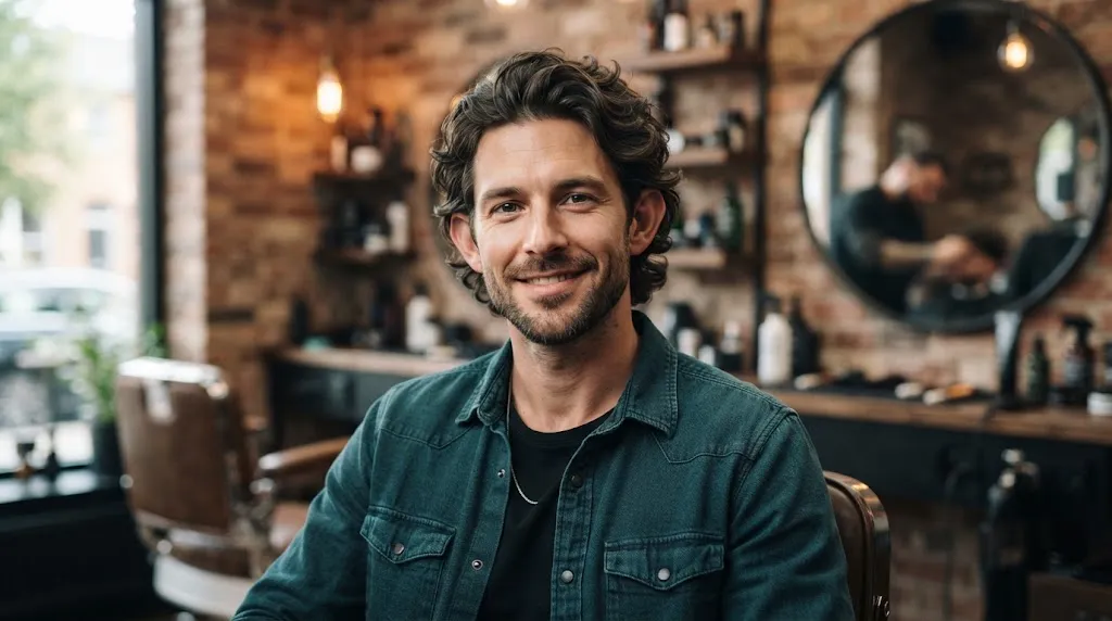Stylish man with medium-length wavy hair and prominent ears showing a balanced hairstyle