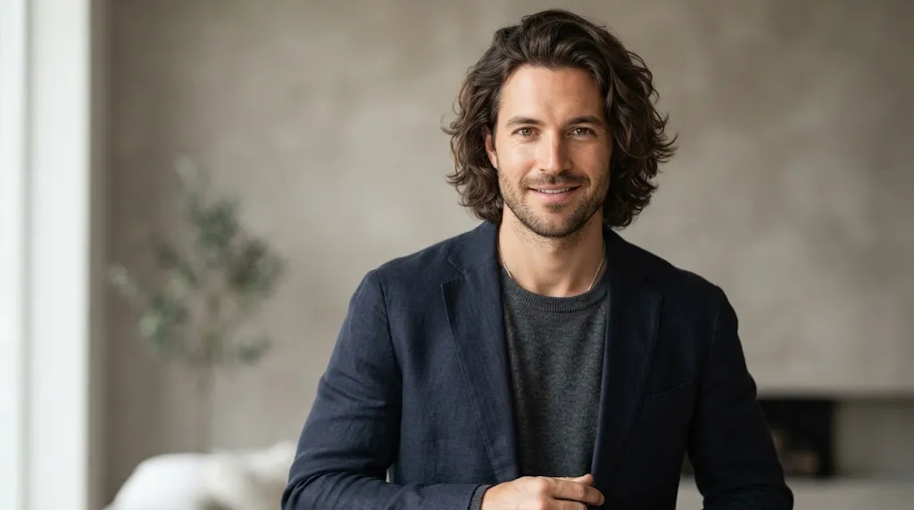 A man with medium-length fine wavy hair styled with natural volume and texture.
