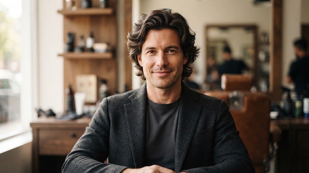 A stylish medium-length haircut framing the face to provide balance for men with long/oblong face shapes.