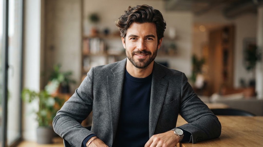 A man with thick, healthy, well-groomed hair, showcasing a professional haircut suitable for an oblong face shape.