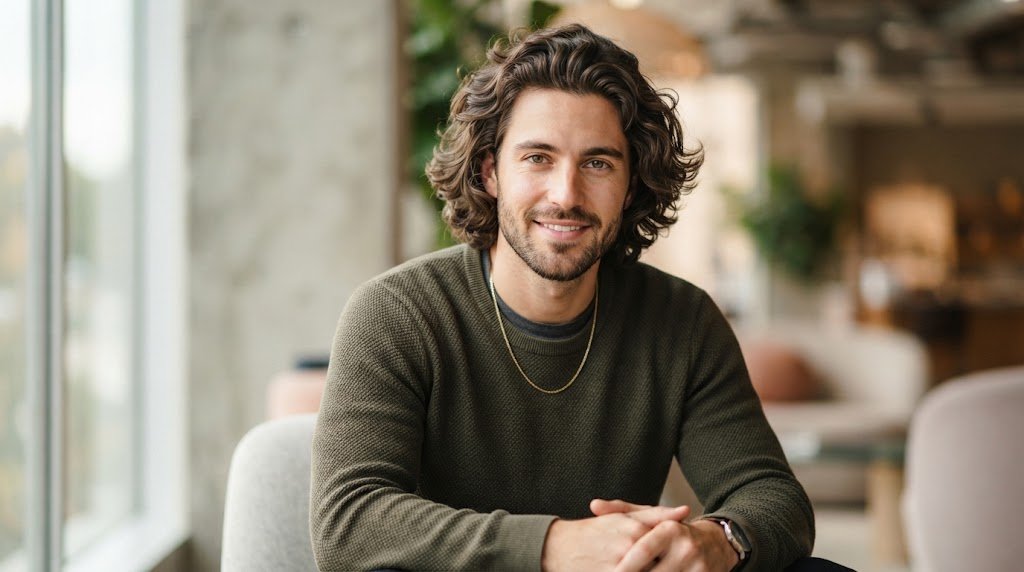 A stylish man with textured medium-length wavy hair, styled to add width to the sides for a balanced long face appearance.