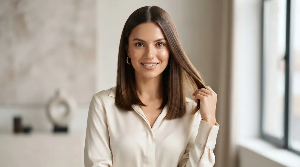 A beautiful woman with sleek, shiny, and healthy straight hair showing a modern trendy hairstyle.