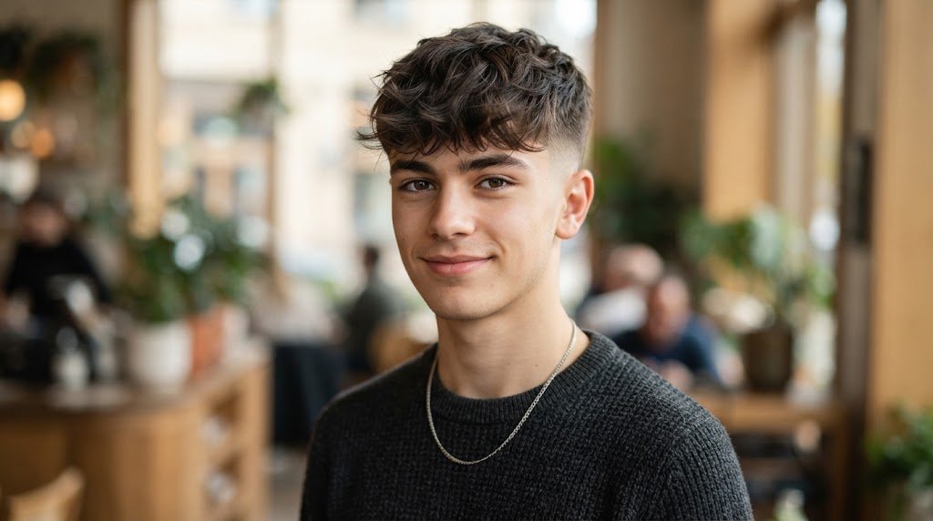 A teenage boy with a textured fringe crop haircut designed to balance a long and oblong face shape.