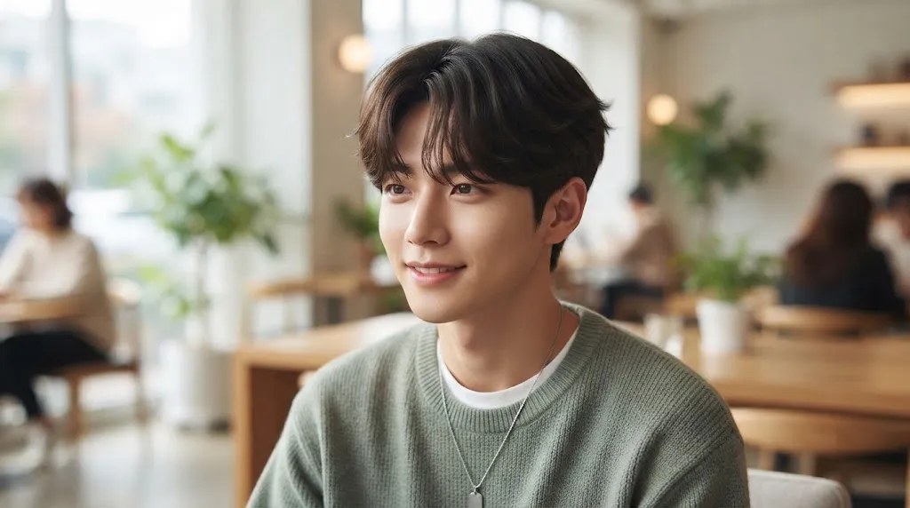 A young Asian man with a trendy Korean hairstyle featuring soft layers and natural texture sitting in a modern cafe