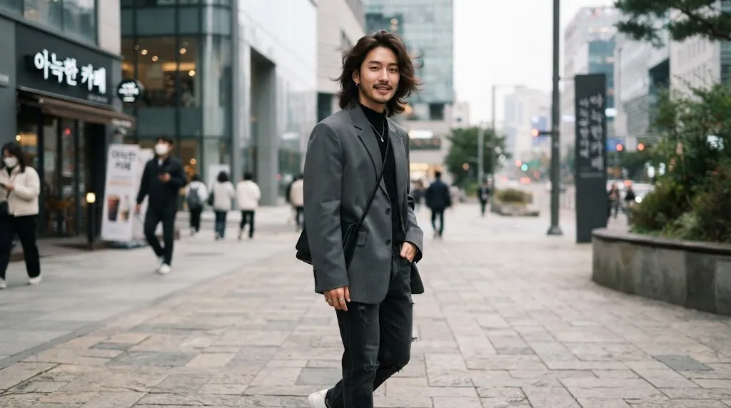 A young man showcasing a stylish long Korean hairstyle with soft layers and natural movement