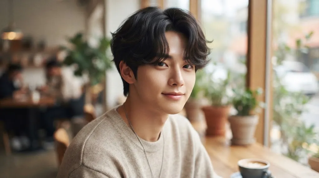 A stylish young East Asian man in a Seoul cafe showcasing a trendy, textured medium-length Korean hairstyle with a soft curtain fringe.