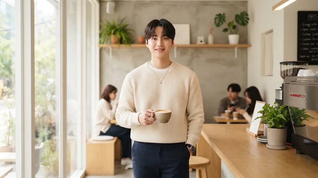 A young man with a flattering Korean hairstyle designed to slim and balance a round face shape in a modern setting