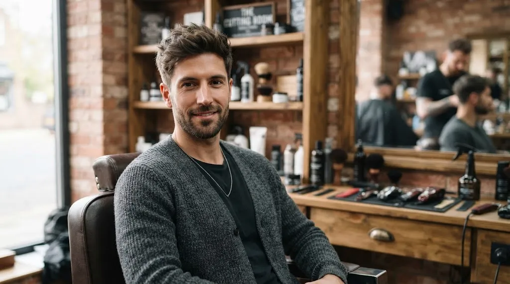 A stylish man with a long face shape sporting a modern textured haircut designed to add horizontal width and facial balance.