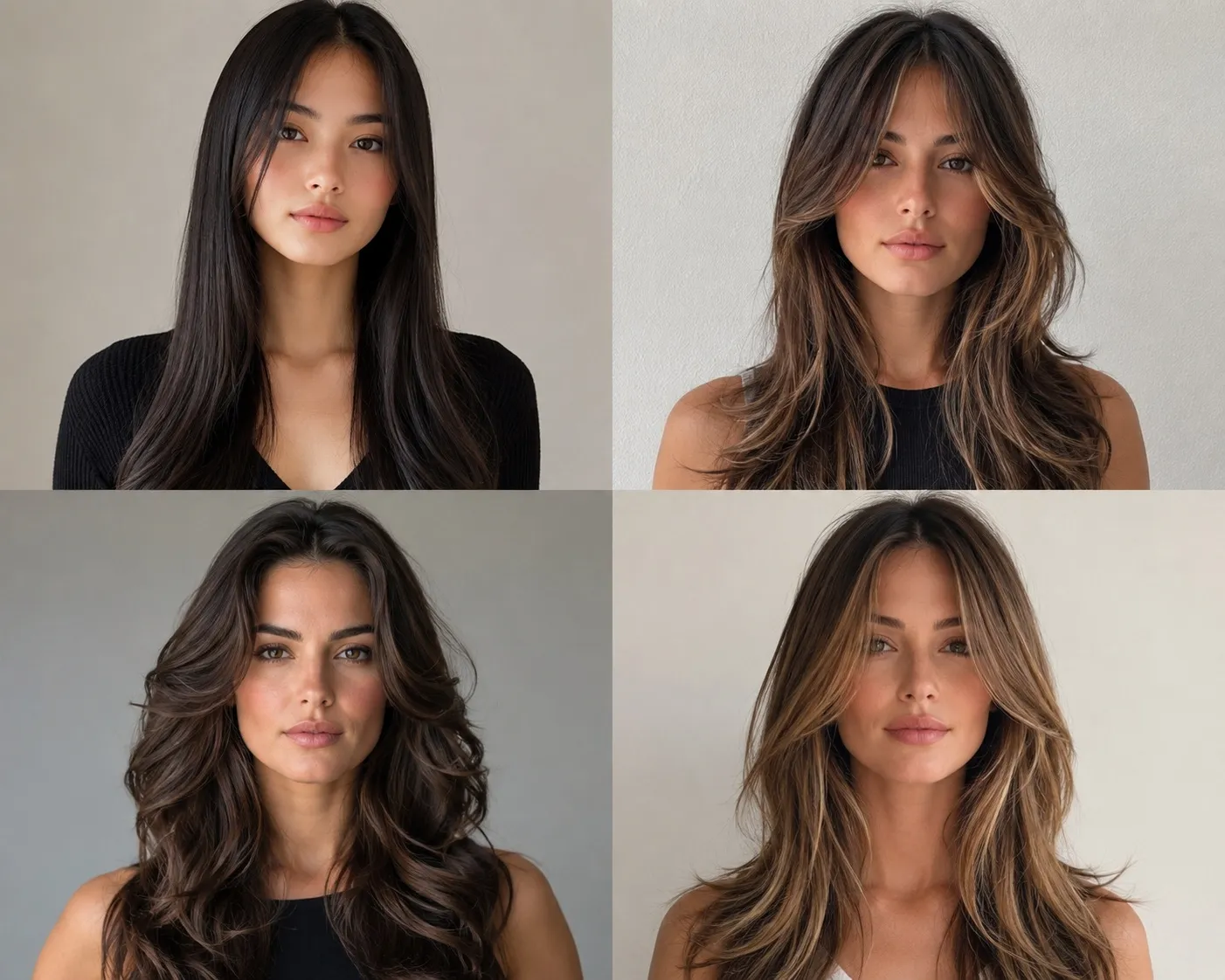 Real photograph showing four models with different face shapes and hair textures wearing various tailored long haircuts including curtain bangs, V-cut layers, soft waves, and heavy internal layering.