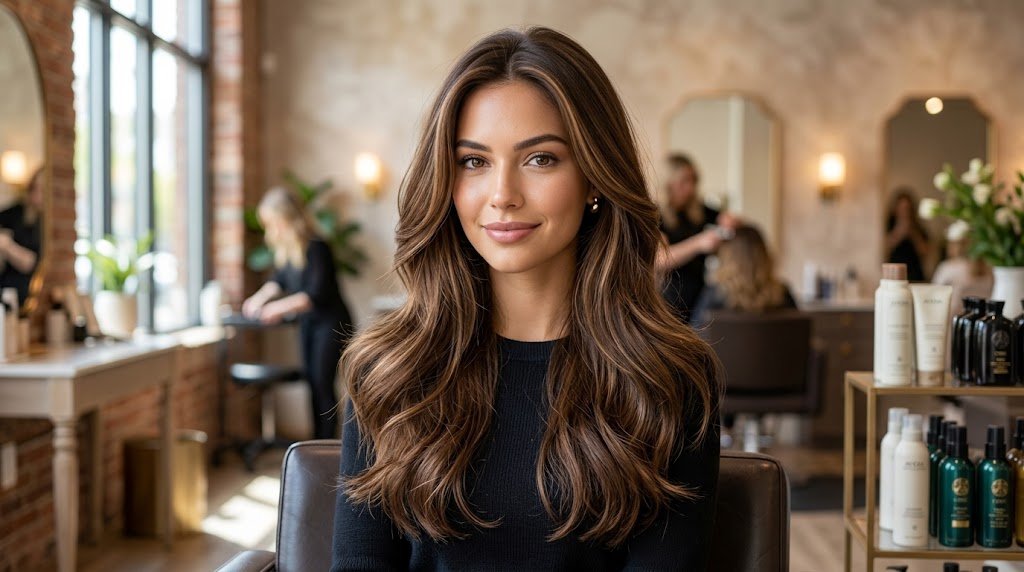 A young woman with healthy, long layered brown hair and soft highlights styled in a modern salon setting.