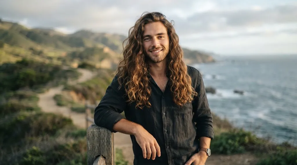 A man with stylish long wavy hair showcasing natural volume and texture.