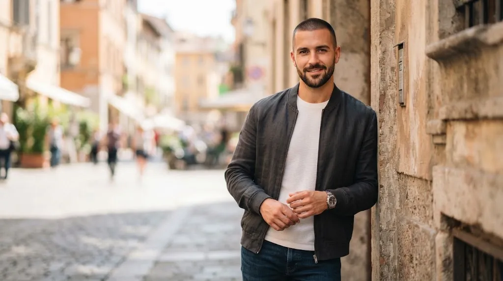 A stylish man with a clean low-maintenance buzz cut and short beard looking confident in natural daylight