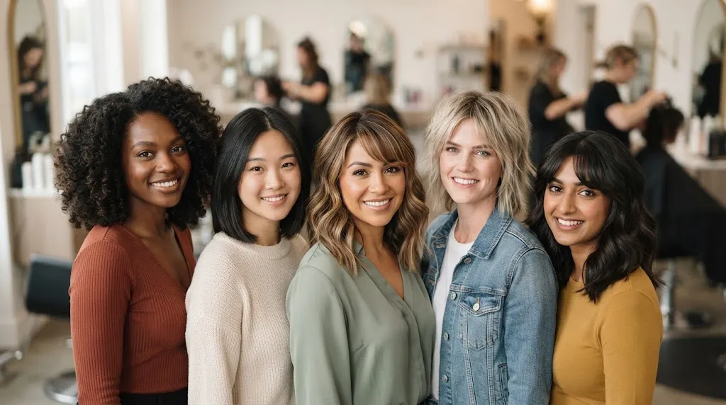 A collection of stylish shoulder-length medium haircuts tailored to flatter different face shapes, including oval, round, and heart.