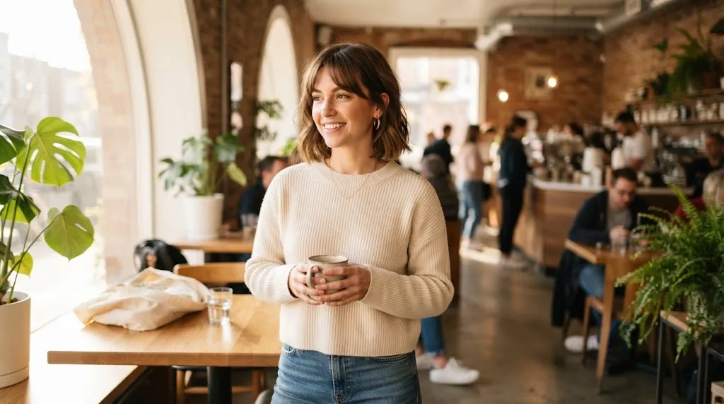 A stylish woman with a medium-length haircut and soft side-swept bangs complementing a heart-shaped face in a sunlit setting.