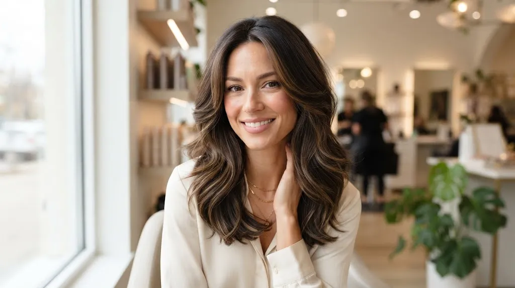 A woman with a beautiful medium-length layered haircut perfectly flattering an oval face shape, showcasing soft volume and natural movement.