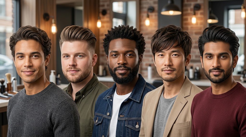 Visual guide showing medium length men's hairstyles matched with oval, round, square, long, and heart face shapes