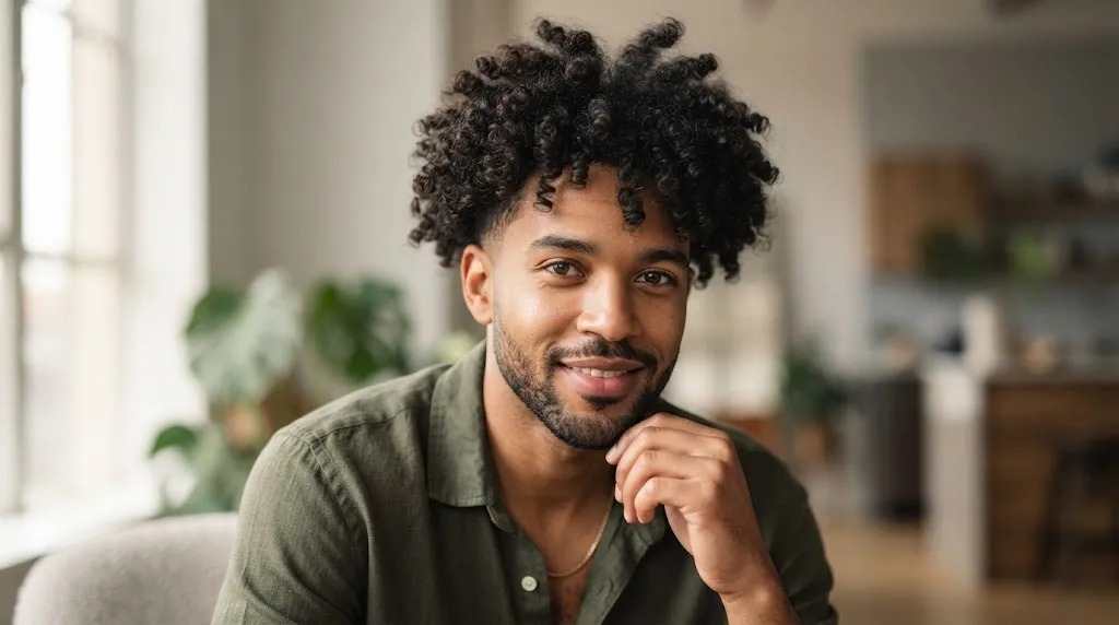 A man with a stylish, modern haircut showcasing natural, well-defined curly hair texture.