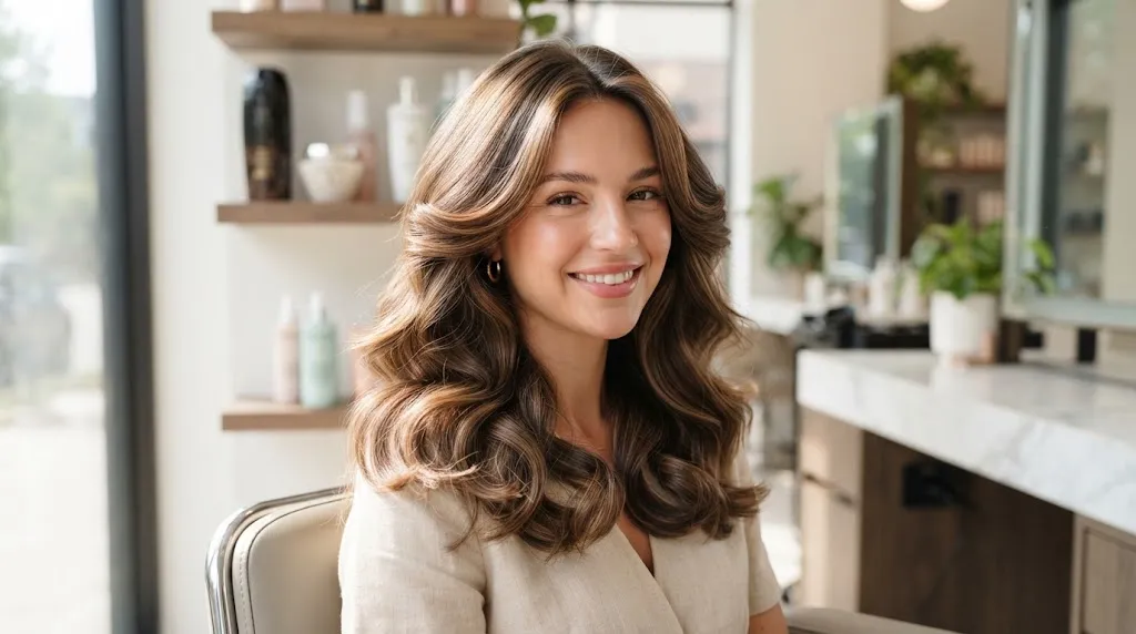 A person with perfectly styled, voluminous, and healthy hair showing a professional hair setting technique.