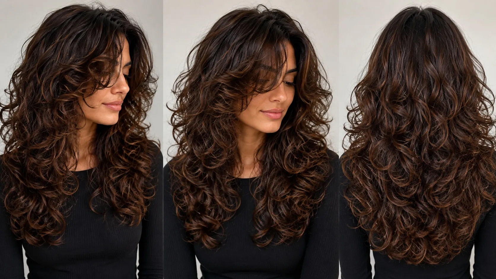 Round layered curly haircut designed to give volume and crown lift to natural curls