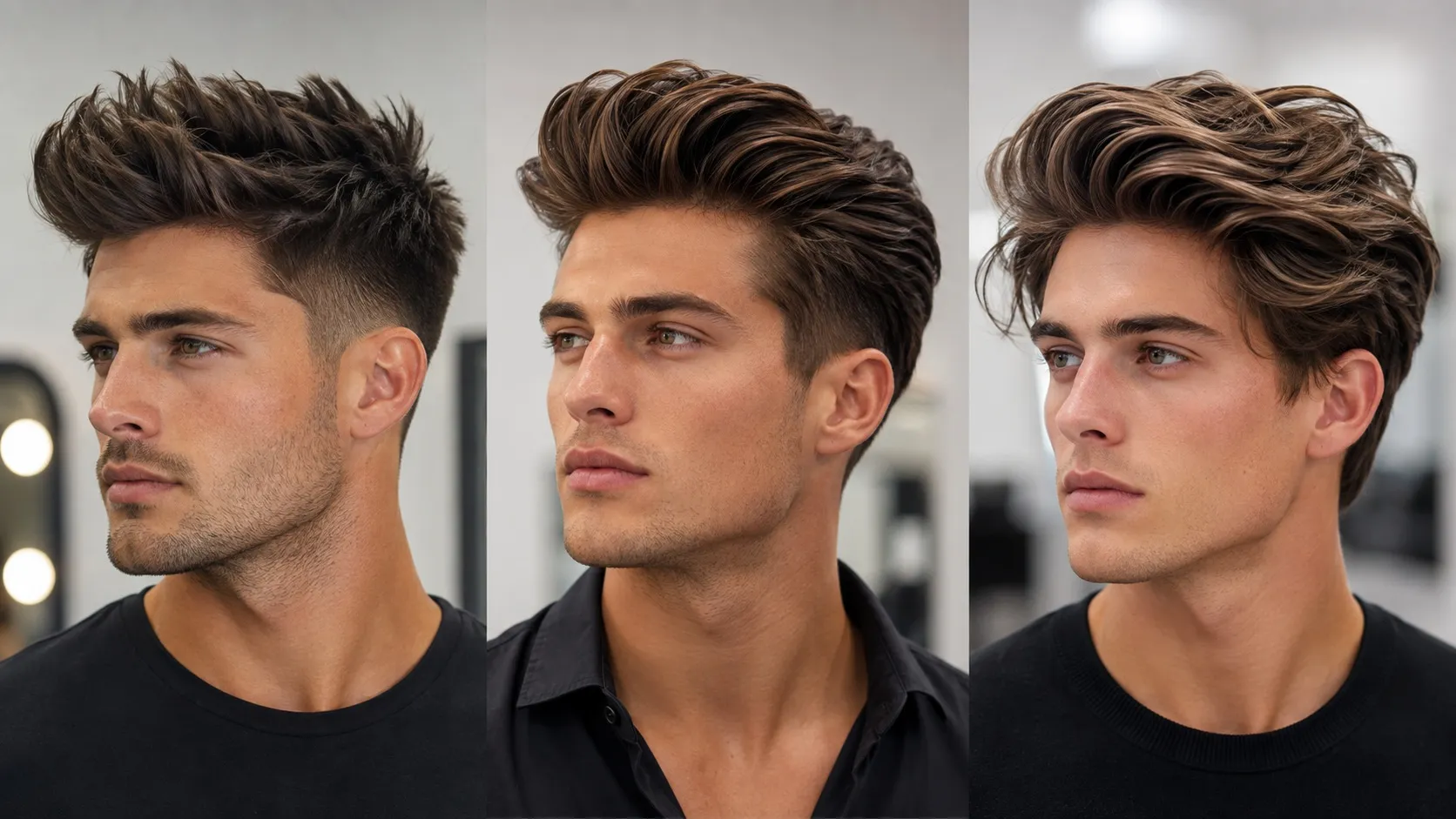 Volume haircuts for men with layered textured tops and high root lift