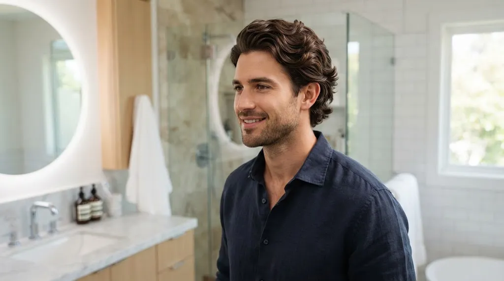 A man with healthy, naturally wavy hair in a bathroom, representing the ideal hair care and washing frequency for men.