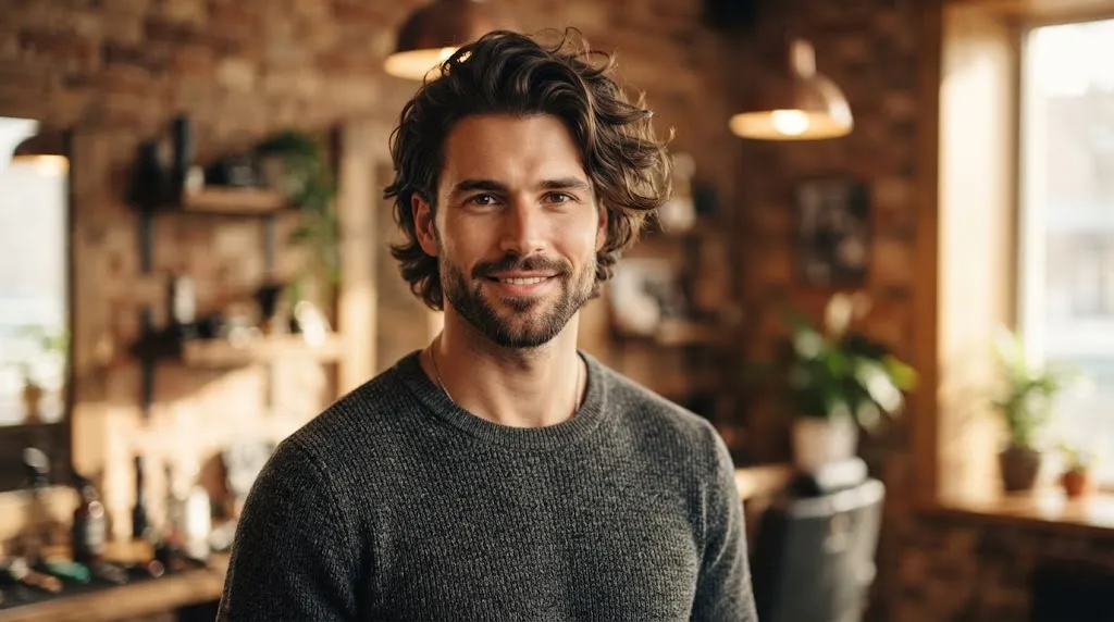 A stylish man with wavy hair demonstrating how the right haircut complements and balances his facial features and face shape.
