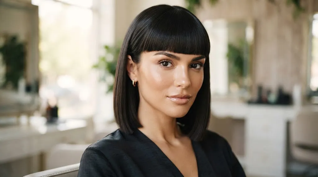 Woman with sleek straight long hair and a stylish blunt front fringe haircut framing her eyes and cheekbones
