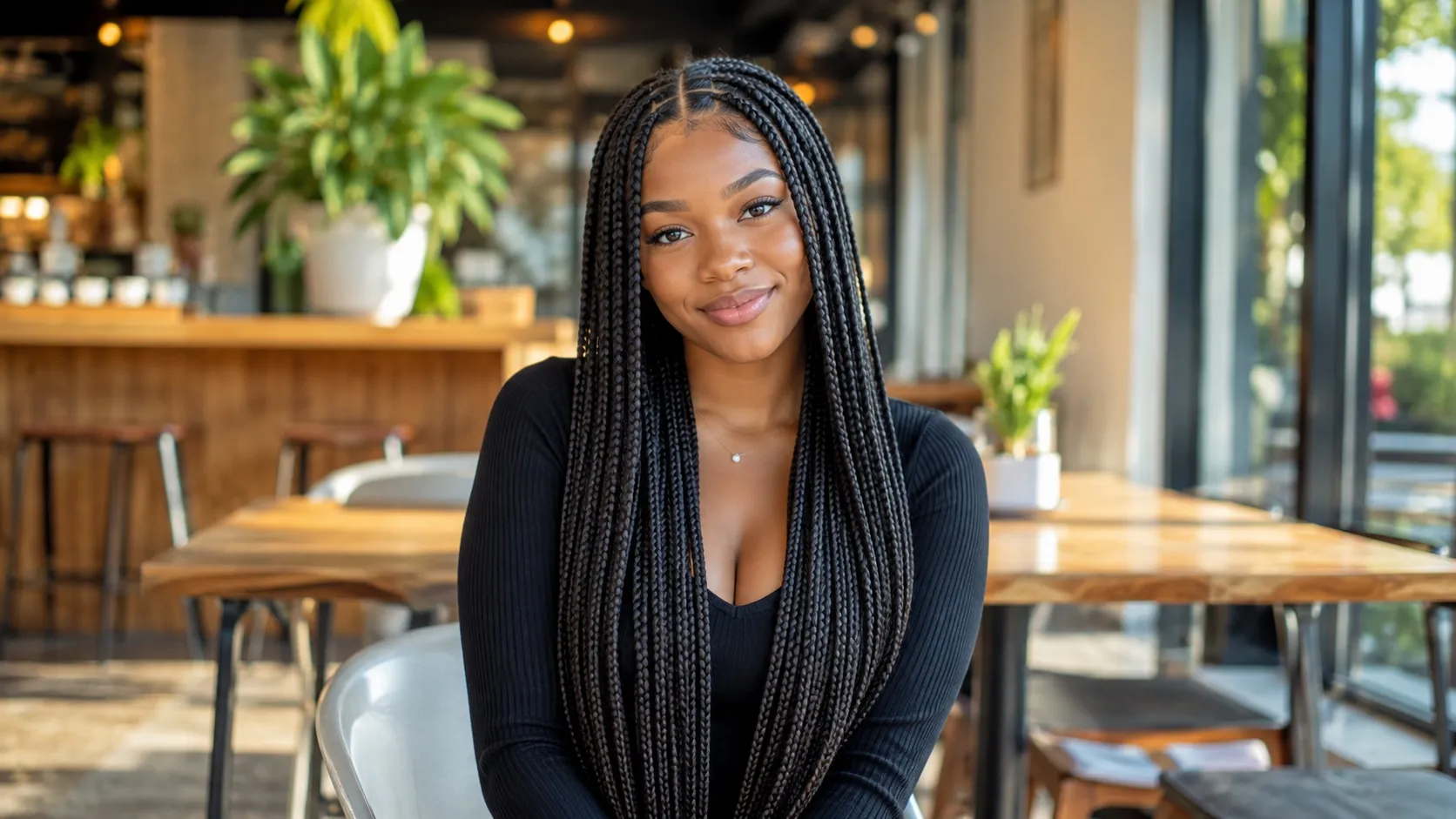 Ultra-high-resolution wide 16:9 landscape photo of a woman showcasing long box braids cascading over her shoulders in a modern cafe setting without text.