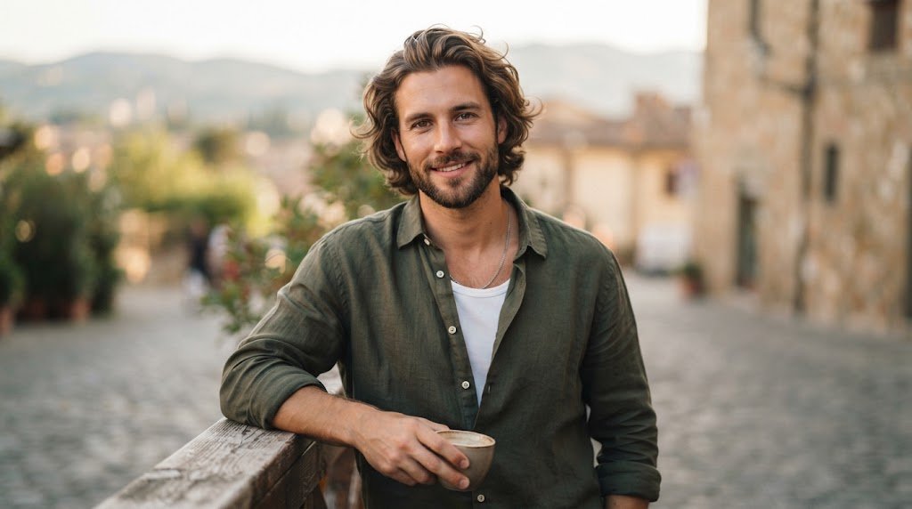 A man with a stylish bro flow wavy medium length hairstyle, perfect for balancing a long or oblong face shape.