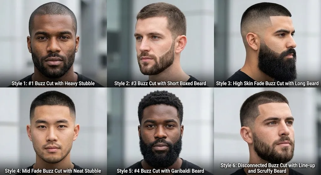 A photo grid of six men displaying different buzz cut hairstyles, guard lengths, fades, and beard combinations.