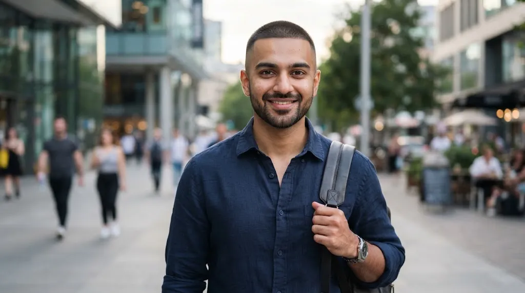 Handsome Indian man with an oval face shape rocking a stylish low fade buzz cut and a clean short boxed beard