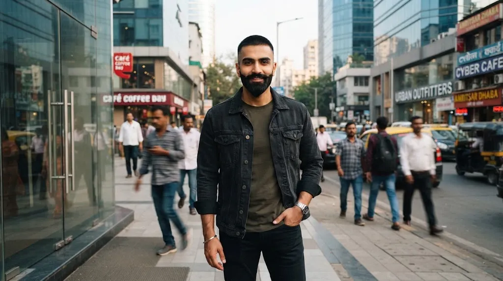 A handsome Indian man with a modern buzz cut and structured angular beard designed for a round face shape