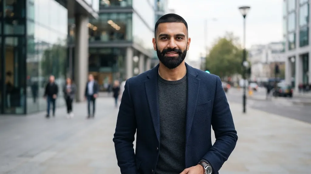 An Indian man with a square face shape featuring a clean buzz cut and a well-groomed full beard