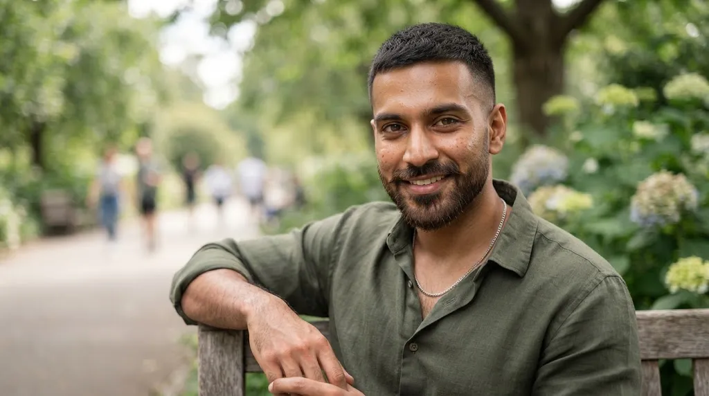 An Indian man with a #3 medium buzz cut and structured beard designed to flatter a long face shape