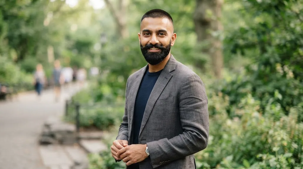 An Indian man showcasing a sharp buzz cut hairstyle paired with a stylish full beard
