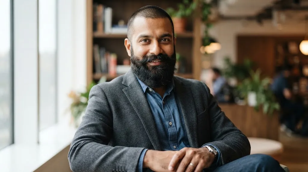 Indian man showcasing a stylish buzz cut paired with a thick heavy beard for a masculine look