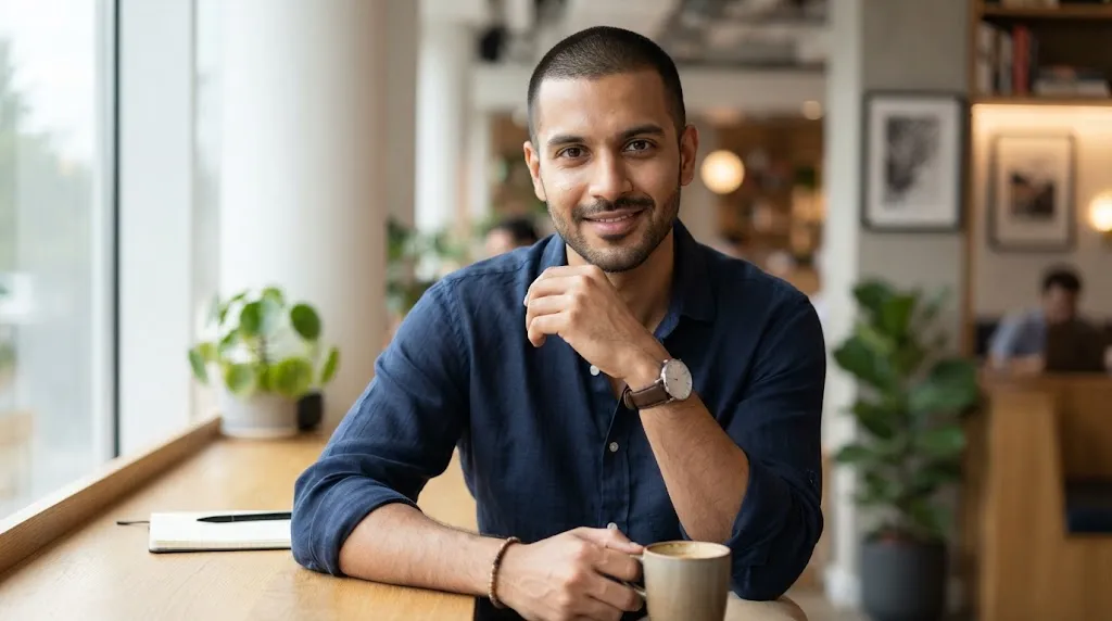 An Indian man with a clean buzz cut and short stubble beard showing a stylish and confident grooming look