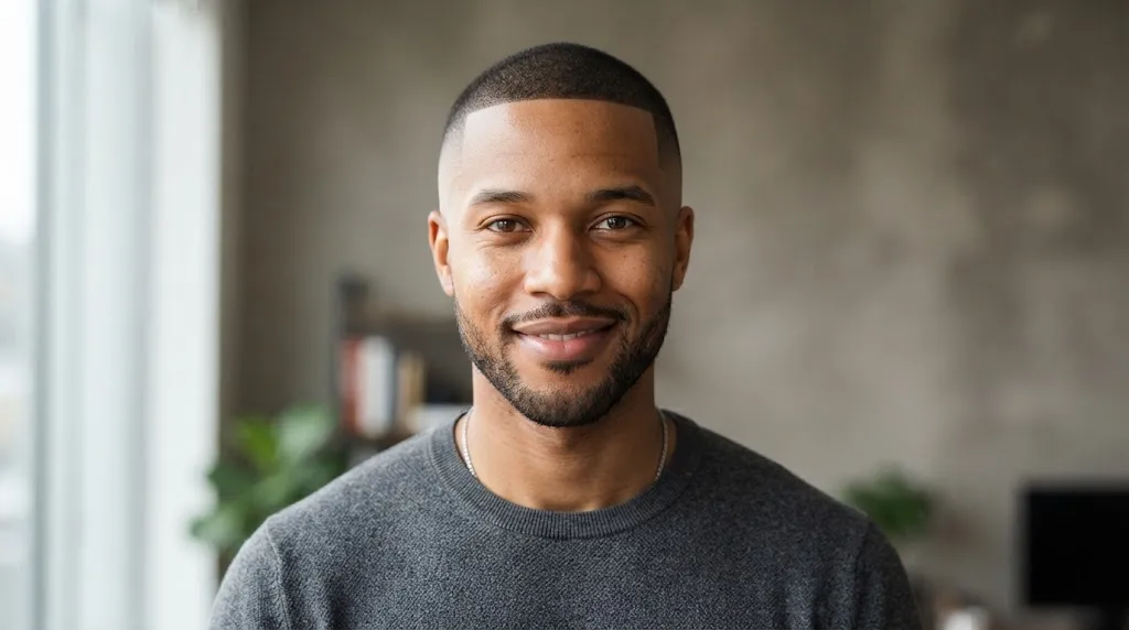 A man with a clean, stylish buzz cut and a low skin fade, showing how to balance a long face shape with a short haircut.