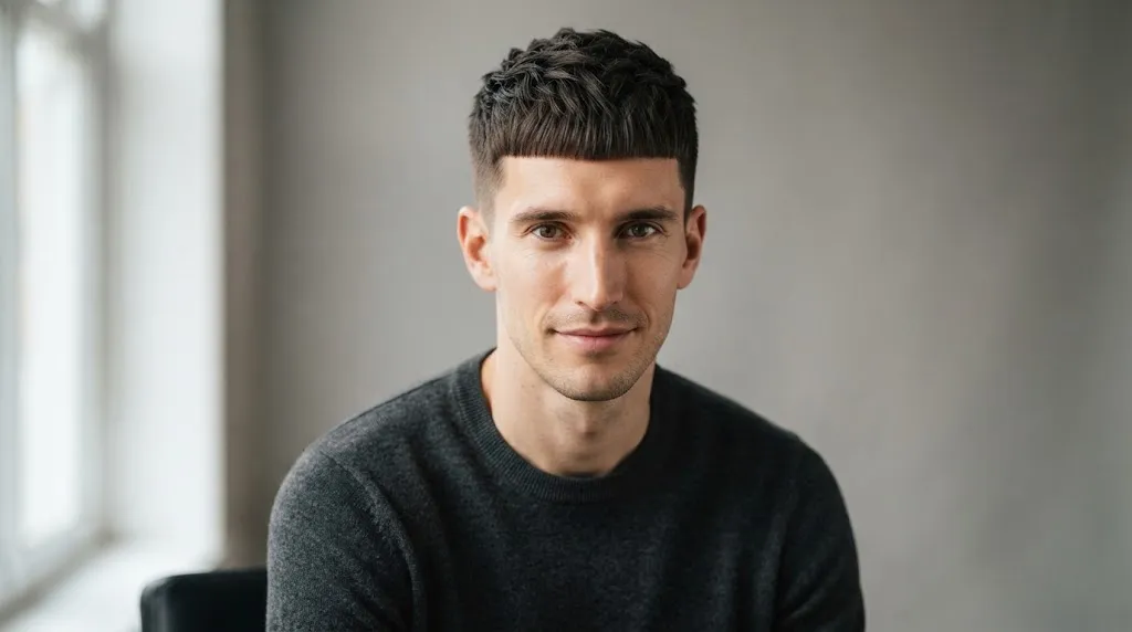 A man with an oblong face shape wearing a modern, textured Caesar cut with a straight horizontal fringe.