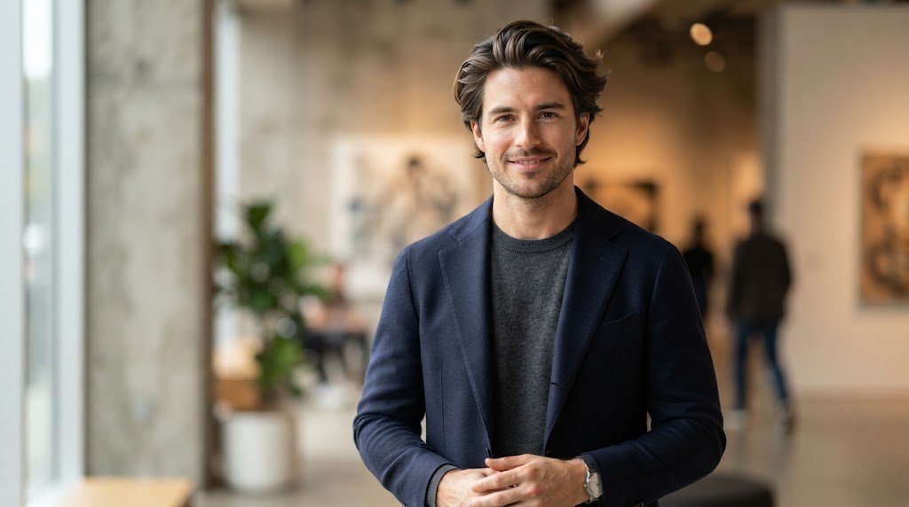 Man with thick medium-length hair styled in a natural, casual flow split partition, perfect for a modern low-maintenance look.