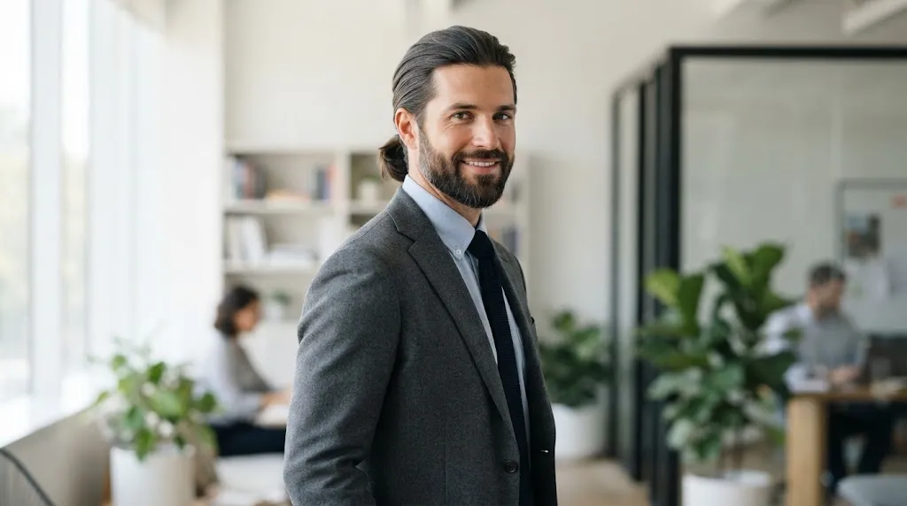 A man with a neat and stylish casual low ponytail, demonstrating a trendy medium-length hairstyle for men.
