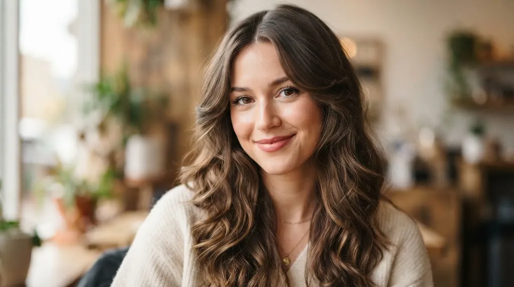 A woman with long hair featuring center-parted face-framing layers softly cascading around the chin and collarbone.